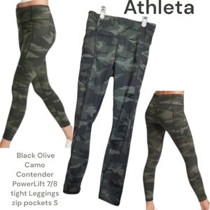 Athleta Women's Contender PowerLift 7/8 tight Black Olive Camo pockets Legging S